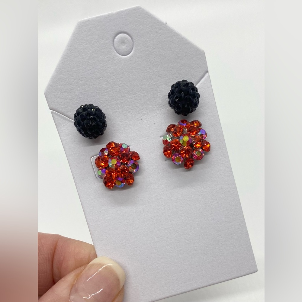 Black & Orange Red Rhinestone Bling Stud Earrings Retro Whimsigoth Fairy Party - Picture 13 of 13
